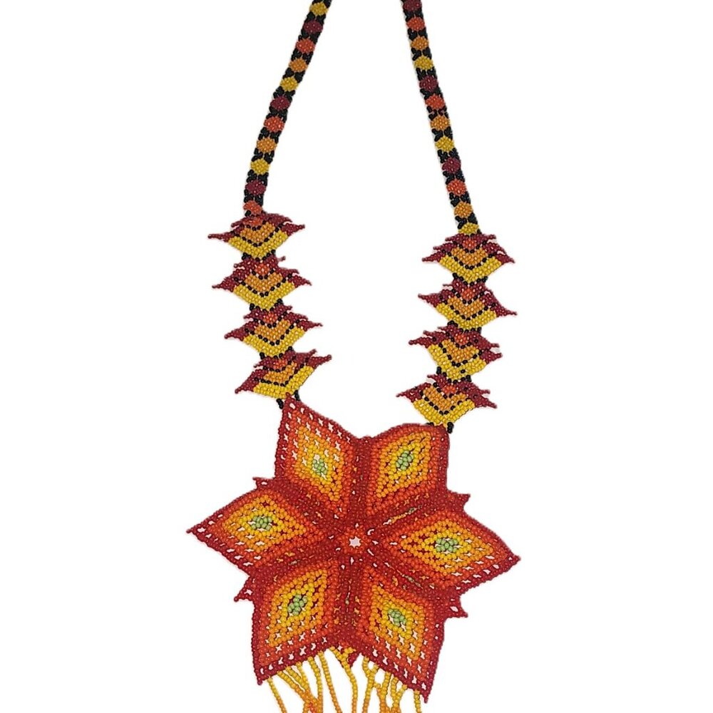 Art Huichol, Mexican Tribal Handmade Beaded  3 D Flower Necklace  43 inches tall